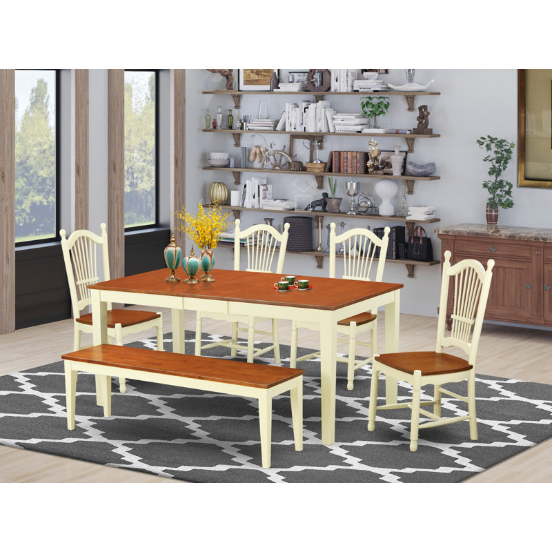 6 Piece Modern Dining Table Set Contains a Rectangle Wooden Table with Butterfly Leaf and 4 Dining Chairs with a Bench, Buttermilk & Cherry