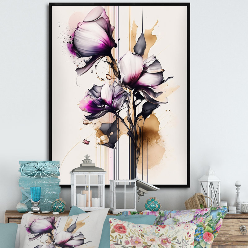 Fleur d'orchidée rose sur fond abstrait I - impression sur toile, H 20 po x l 12 po x P 1 po, Cadre flottant noir