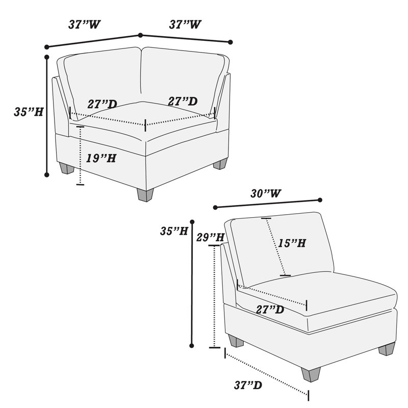 Canapé modulaire en tissu de chenille gris 3 pièces avec dossier coussiné et option de conception sans accoudoirs, gris