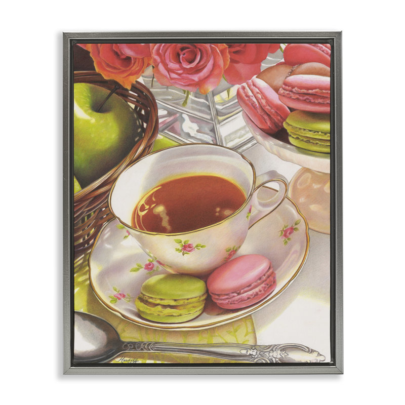 «Tea with Macarons», art mural encadré par Mardell Schuster, H 31 po x l 25 po, Cadre flottant gris lustré