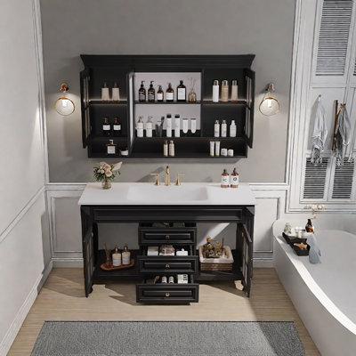 Meuble-lavabo sur pied 43,31 po en chêne massif noir avec armoire à miroir