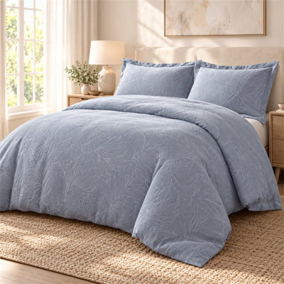 Ensemble de housse de couette très grand / très grand californien MERYT, jacquard botanique bleu ardoise, 108 po x 94 po, 2 très grandes taies décoratives