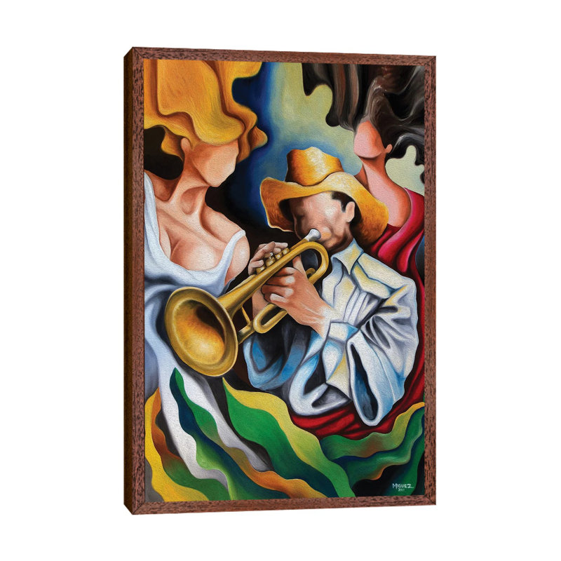 The Trumpet's Muses - Painting on Canvas, 101.6 cm H x 66.04 cm W, Brown Floater Framed