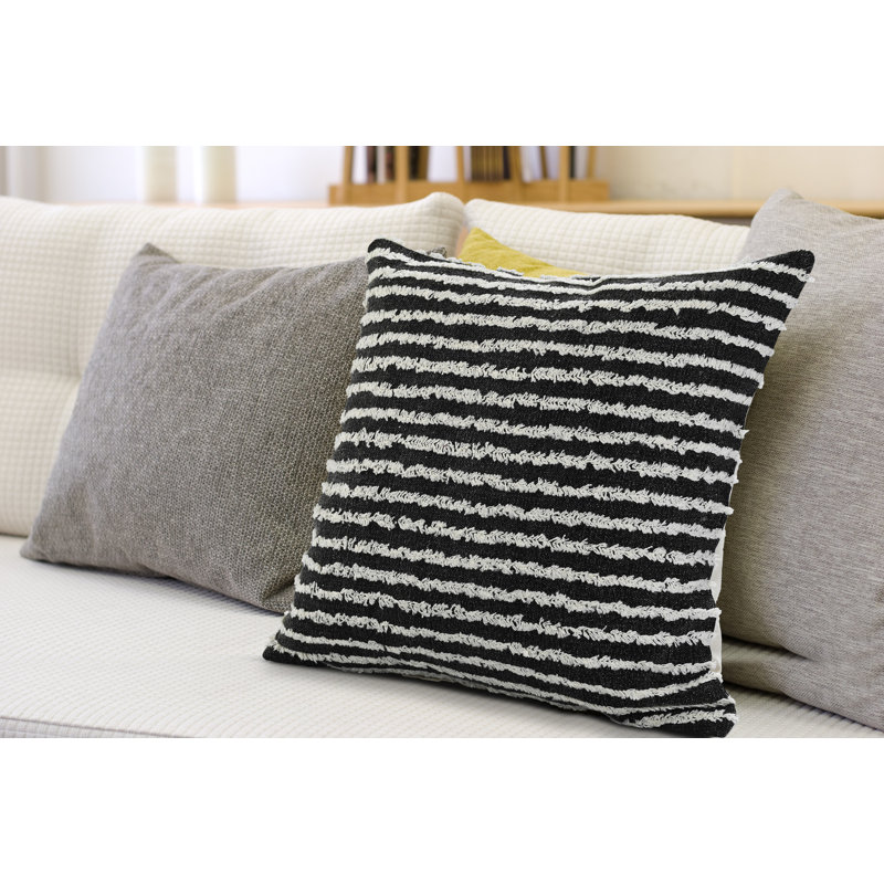 Housse de coussin décoratif contemporaine à rayures 100% coton Contemporary, Noir/crème, Polyester/ Bourre en polyester