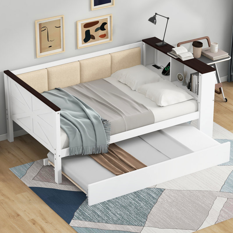 Twin Size Wood Daybed with Storage Shelves, Upholstered Backrest,USB and Trundle, White, Twin