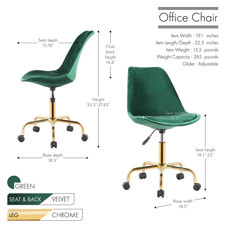 Chaise de bureau pivotante en velours Haisley, Vert