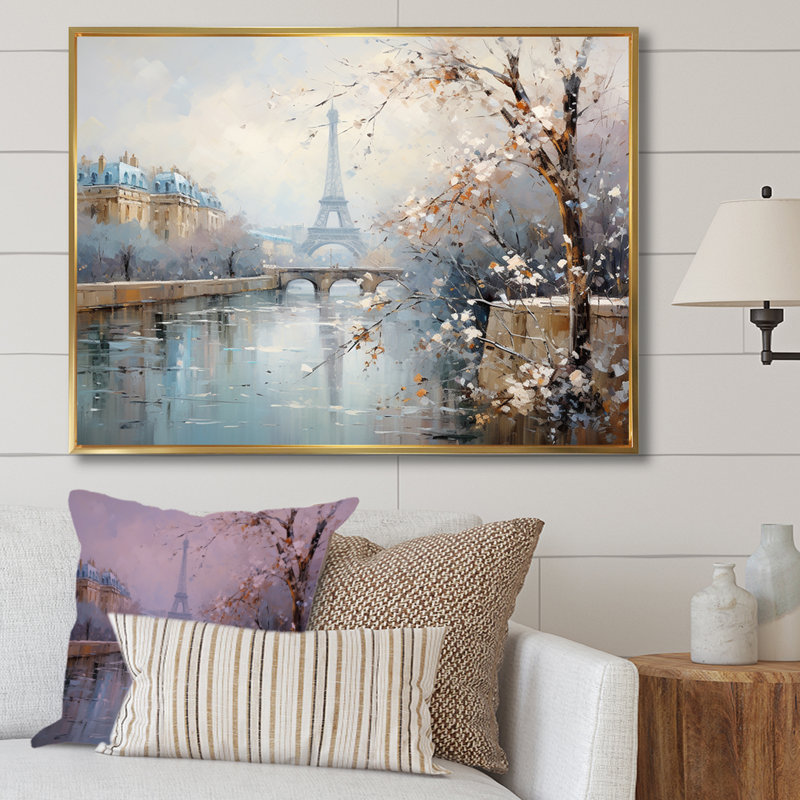 Hiver Paris, Tour Eiffel, charme de ville I - Paris, art mural, Cadre flottant doré, H 30 po x l 40 po x P 1,5 po
