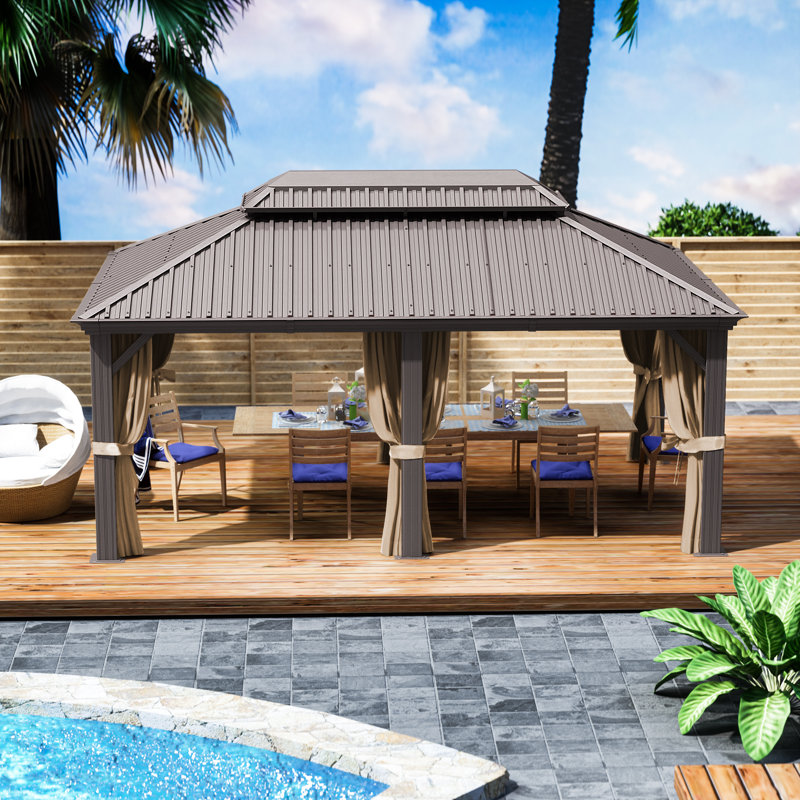 Alexander Dark Brown Double Roof Hardtop Gazebo with Curtain and Mosquito Netting, 12 ft x 18 ft