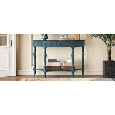 Console demi-lune en bois massif avec tiroir et tablette, table d'entrée incurvée à cannelures vintage pour vestibule de couloir, canapé à espace étroit avec pieds romains sculptés, bleu rustique