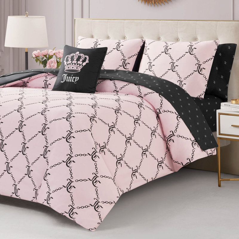 Juicy Couture Link Printed Bed-in-a-Bag Comforter Set, Full Comforter + 7 Additional Pieces, Light Pink/Black