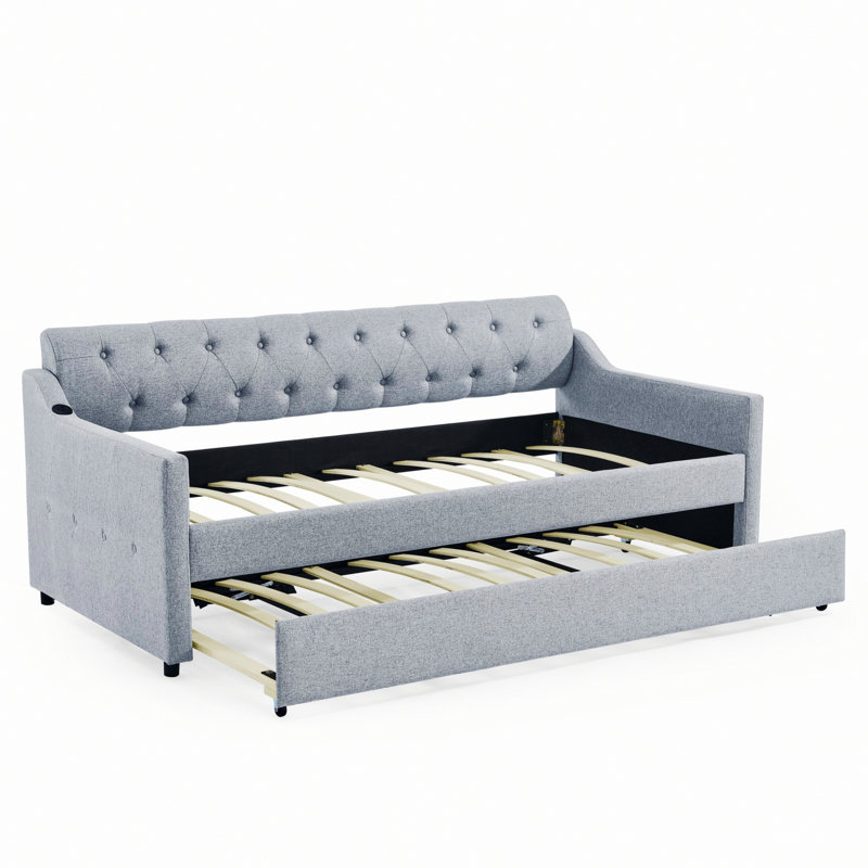 Daybed With Trundle And USB Charging Design, Gray