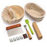 Bread Banneton Proofing Basket Set Of 2, 9 Inch Round & 10 Oval Cane Sourdough Baskets With Lame + Dough Scraper Linen Liner Basting Brush For Making Baking Fermentation