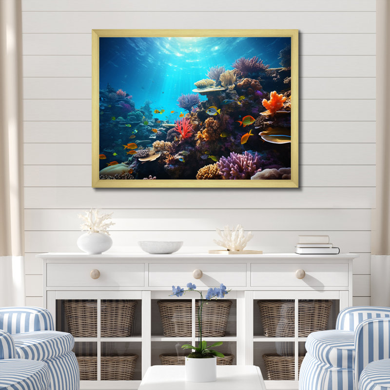 Coral Seascape IV, reproduction d'art sur toile, H 16 po x l 32 po x P 1 po, Cadre doré à une seule photo
