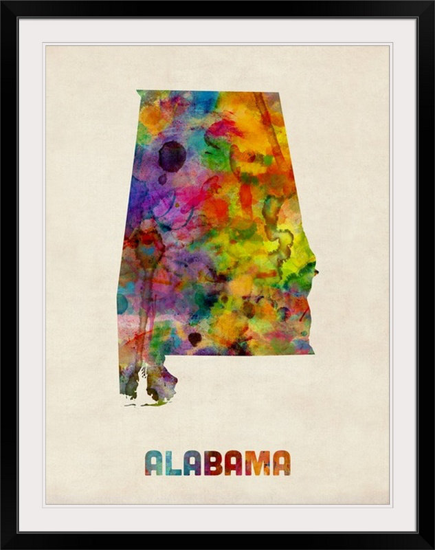 Francy «Alabama Watercolor Map» par Abarca, impression, Cadre noir, H 24 po x l 20 po x P 1 po