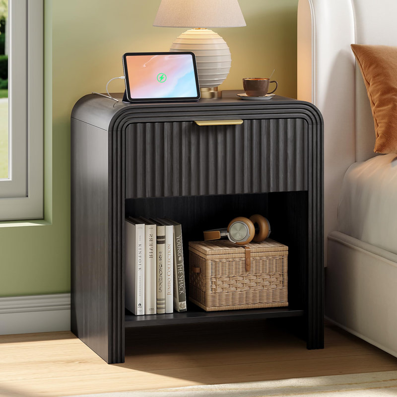 Japandi 24" Tall Fluted Nightstand With Built-In Charging Station, Drawer Curved Wood Bedside Table With Open Shelf, White