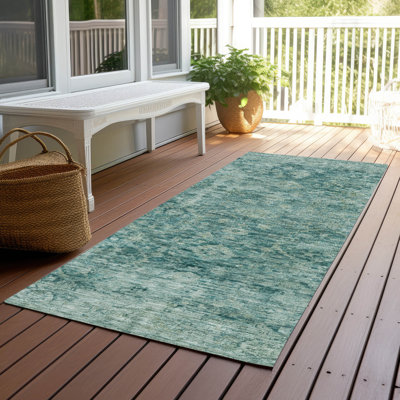 Machine Washable Indoor/Outdoor Xhevrie Teal Rug