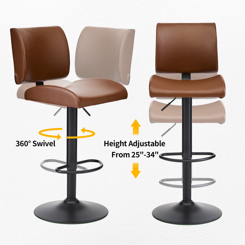 Adjustable Swivel Upholstered Bar Stools Counter Stools, Brown, 3