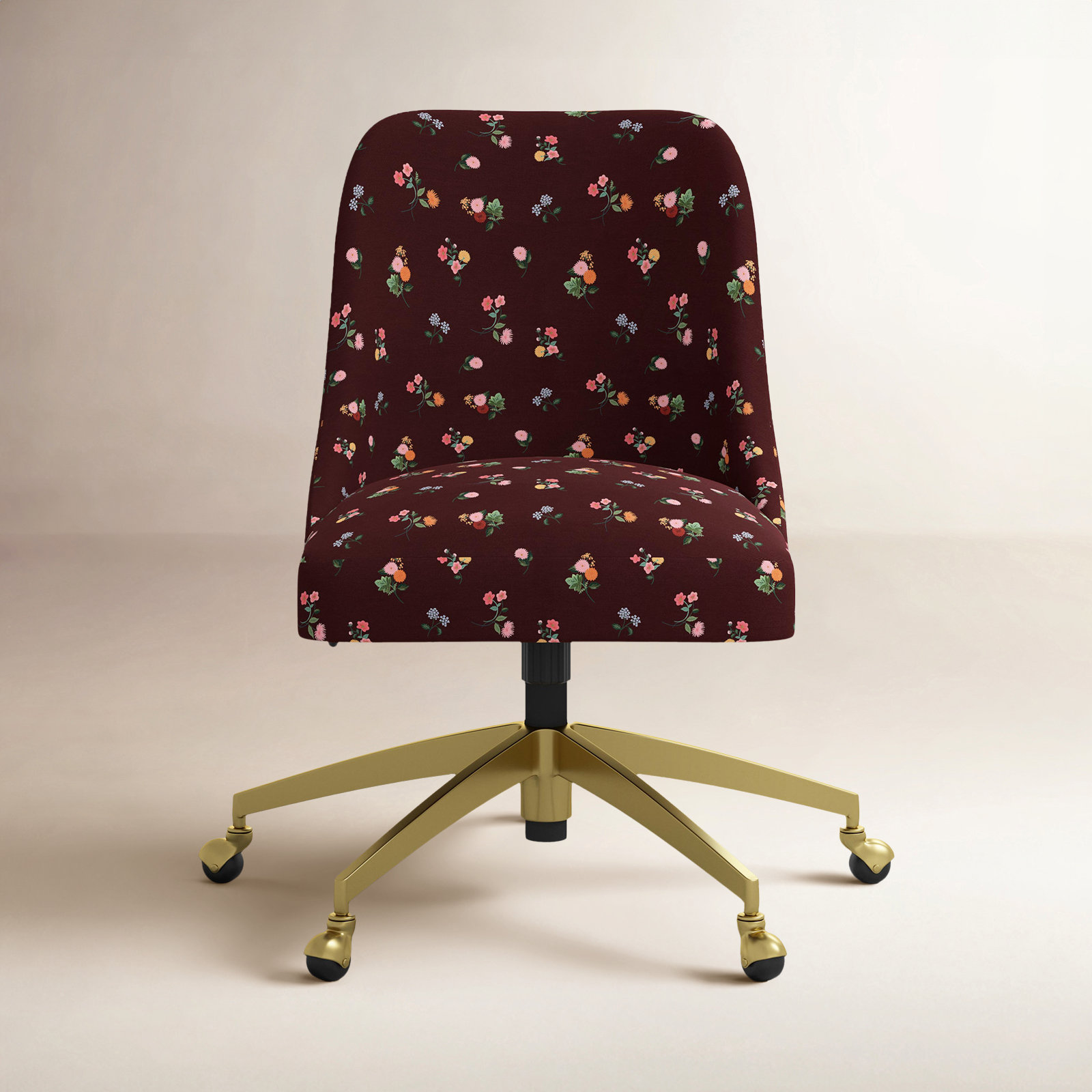 Oxford Desk Chair, Brushed Gold, Ditsy Dahlia Burgundy