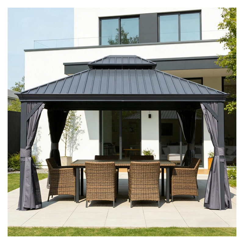 13'x15' Hardtop Gazebo with Galvanized Steel Double Roof, Outdoor Metal Pergola with Privacy Curtains & Netting for Patio, Deck, and Backyard