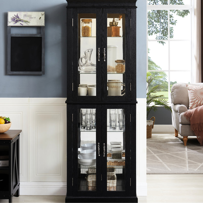 Elegant Glass Display, Lighting, Movable Partition, Square Top, Six - Tier Design, Treasures Black Storage, Hinge, Lighting System, Wine,