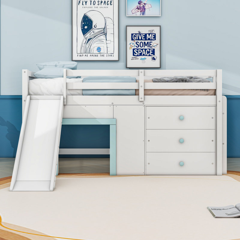 Full Size Low Loft Bed With Slide And Storage Drawers,Ladder