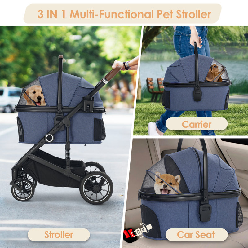 3-in-1 Pet Stroller for Dog, Folding Cat and Dog Stroller with Detachable Cradle, Blue