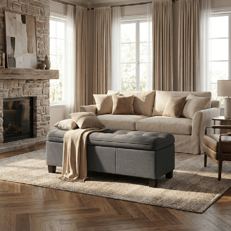 47 Inches Storage Ottoman with Soft Foam, Dark Gray