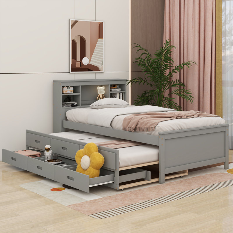Lit plateforme simple avec tête de lit Mingus, USB, gris
