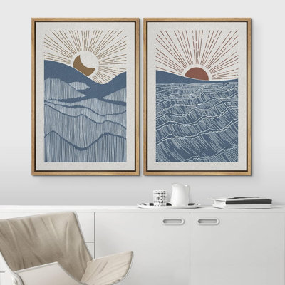 Sun And Moon " Sun And Moon Shining Sun Crescent Moon Mountain Abstract Shape Illustrations Modern Artwork Bohemian Bedroom " 2 - Pieces