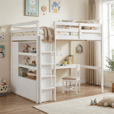 Solid Wood Full Size Loft Bed with Built-in Wardrobe, Desk, Storage Shelves and Drawers for Bedroom