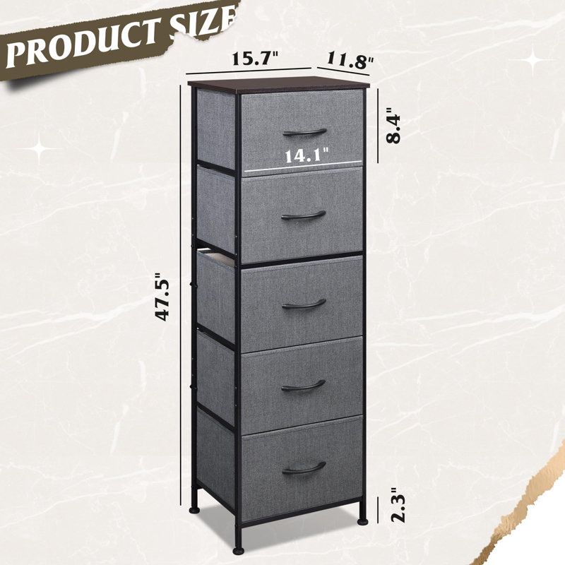 Fabric Dresser, 5-Drawer Tall Dresser for Bedroom, Storage Dresser Organizer with Fabric Bins, Wood Top, Sturdy Steel Frame, Chest of Drawers for Closet, Hallway