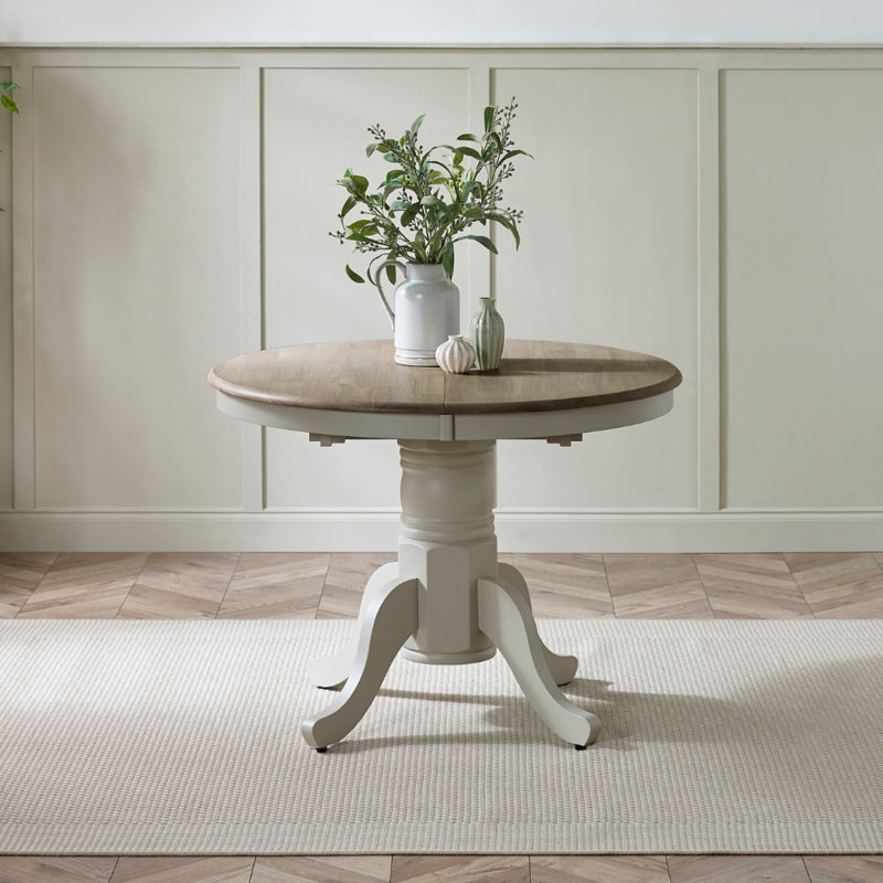 Prestow Extending Round Dining Table In Solid Wood - Traditional Rustic Farmhouse Kitchen, White/Grey