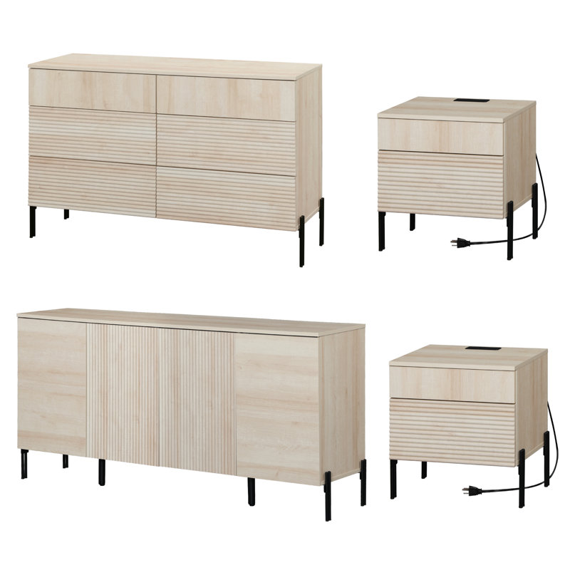 Ensemble de chambre à coucher 4 pièces, commode et table de chevet 6 tiroirs, Beige