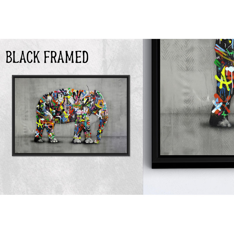 Reproduction d'art sur toile imprimée: Banksy Elephant Graffiti Decor - Flat, Modern Design, 1P BlackFramedCanves