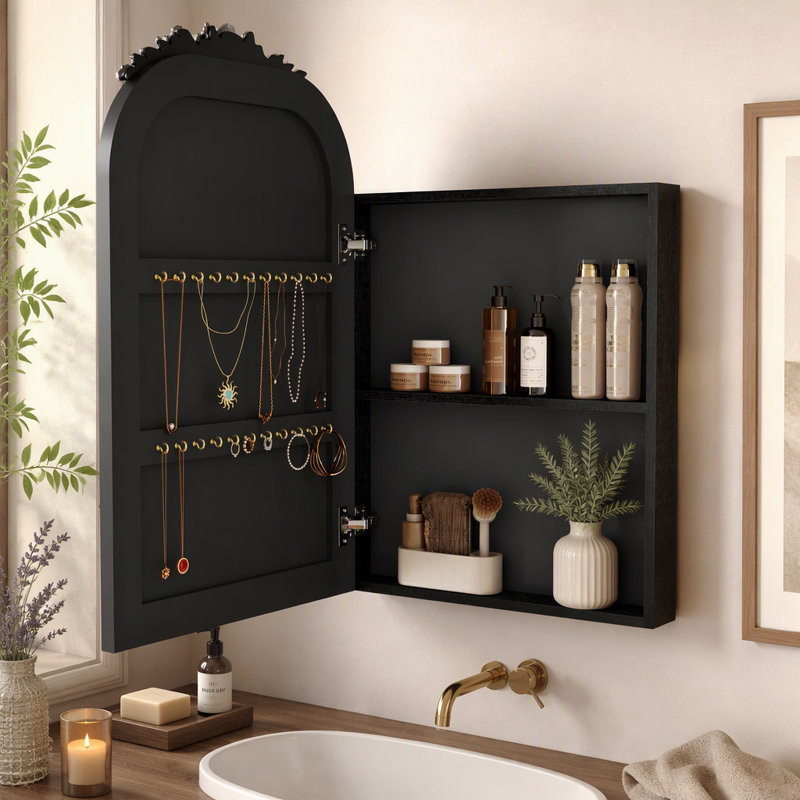 Armoire à pharmacie vintage avec miroir et rangement, 40,6 x 61 cm, miroir mural arqué pour salle de bain avec dessus sculpté, encastrable et en applique, avec étagère réglable et crochets à bijoux, noire