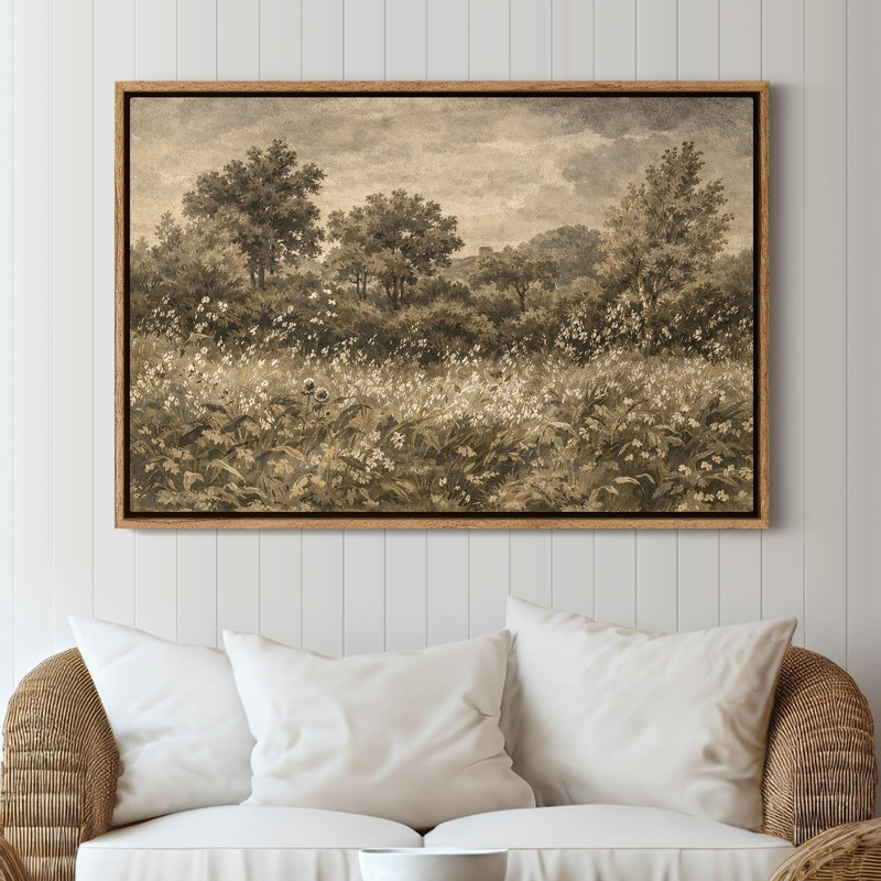 Art mural sur toile encadrée - Paysage de prairie sépia avec des plantes sauvages et des arbres éloignés - 16 po x 24 po, 24 po x 36 po
