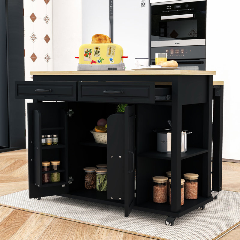 Expandable Mobile Kitchen Island Cart with Built-in Charging Station and Internal Storage, Black