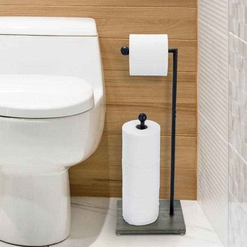 Porte-papier hygiénique noir sur pied avec base en bois