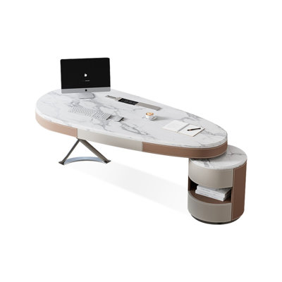 Kaki + beige-blanc + pierre frittée ovale grise + bois manufacturé + acier laminé à froid avec bureau à 3 tiroirs