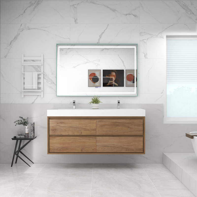 Base de meuble-lavabo mural 60 po avec dessus en acrylique renforcé Noble Moreno, Blanc