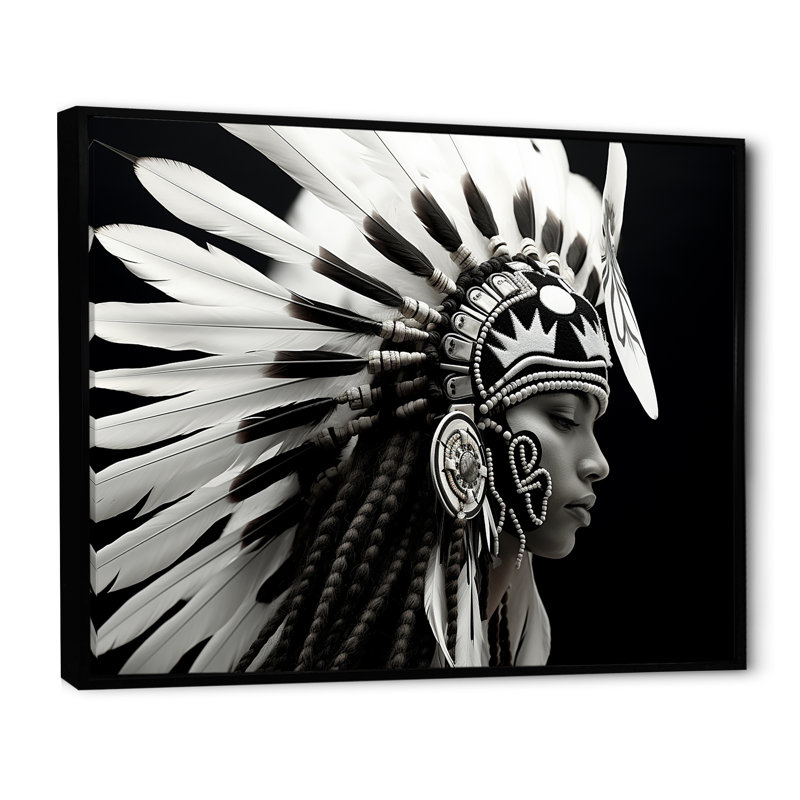 «Native Spirit» noir et blanc sur toile, Cadre flottant noir, H 24 po x l 32 po x P 1 po