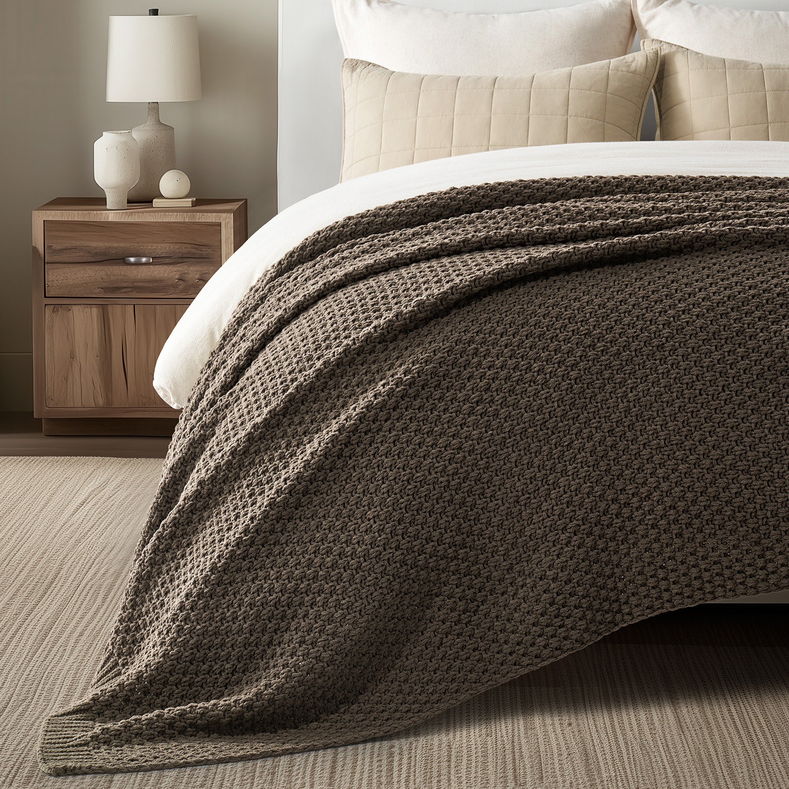 Chunky Chenille Knit Throw Blanket, 90" L x 90" W, Camel Brown