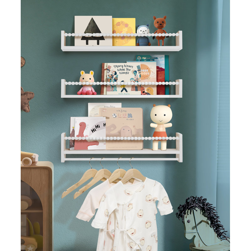 Natural Wood Nursery Floating Shelves Set of 3 with Towel Bar 23in Wall Mounted Organiser for Child's Room, White