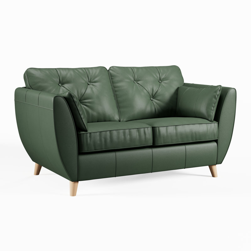 Marylin 2 Seater Leather Tufted Sofa, Light Wood, Hunter Green