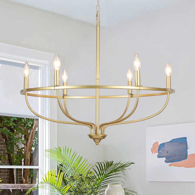6 - Light Dimmable Wagon Wheel Chandelier, Gold