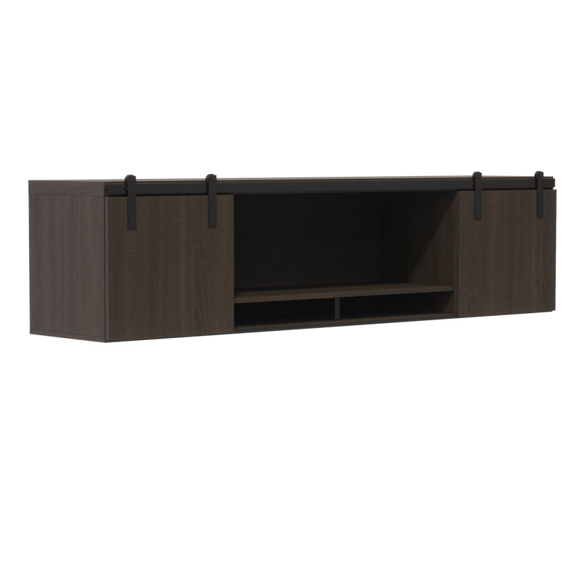 Mirella Wall-Mounted Hutch with Sliding Wood Doors, Stone Gray, 18" H x 72" W x 15" D