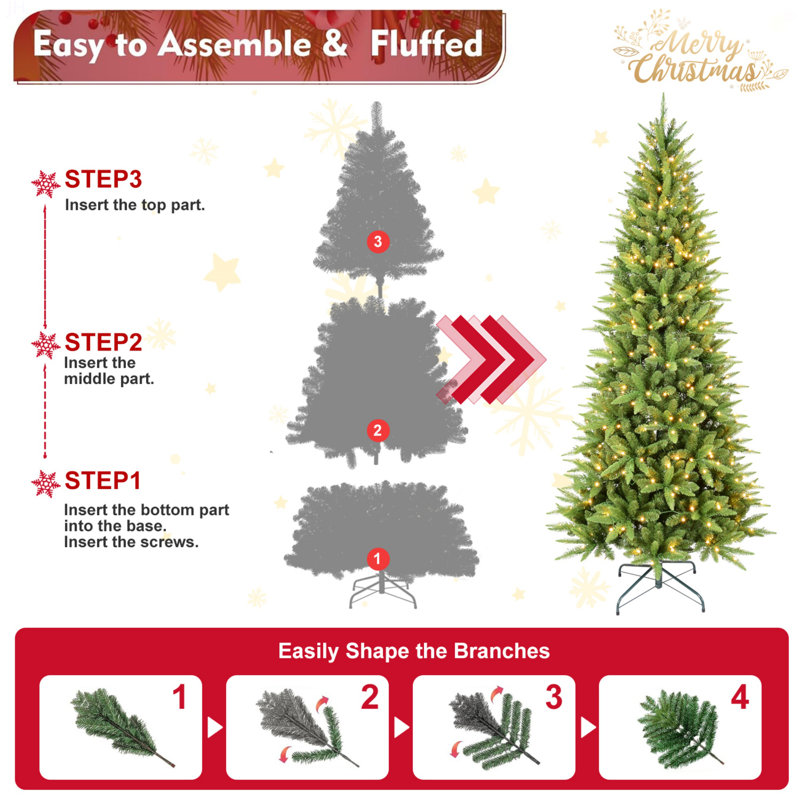 Arbre de Noël mince de 4 pi avec 150 lumières DEL blanc chaud - 424 pointes en PE + PVC, conception à charnières peu encombrante, installation facile, support en métal robuste - arbre à crayons réaliste pour les petits espaces