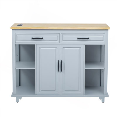 47 Inch Kitchen Island With Extendable Dining Table, Rubber Wood Veneer Kitchen Table With Internal Storage Rack, Power Outlet, Kitchen Island With Storage 2 Drawers 2 Cabinet