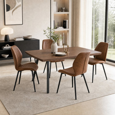 Modern PU Leather Dining Chair, Ergonomic Upholstered Side Chair with Black Metal Legs, Reddish Brown (Set of 4)
