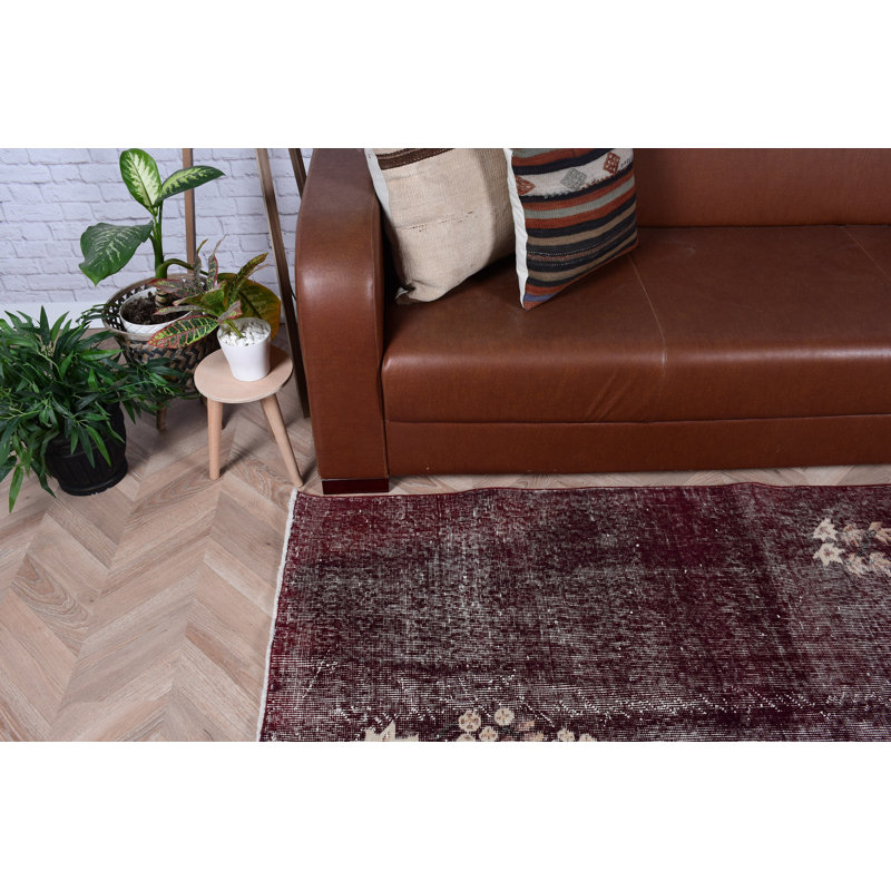 Tapis turc rétro Oushak de conception florale mauve en laine, idéal pour la chambre à coucher et l'ambiance douillette